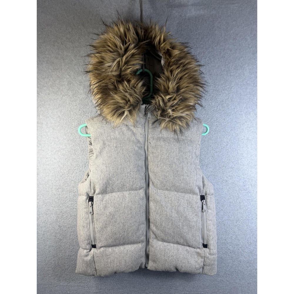 Gap Vest Womens Small Petite Gray Wool Blend Faux Fur Hooded Puffer Down Quilted